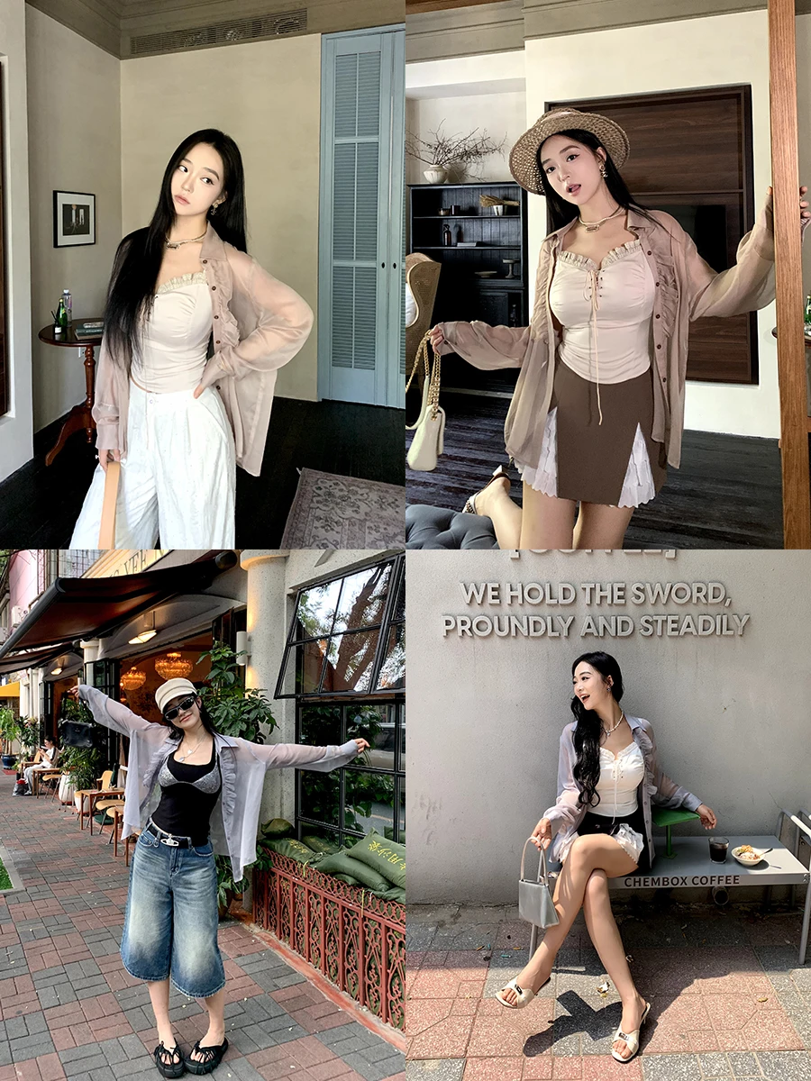 

Translucent Loose Women's Shirt Cherry Blossom Style Sweet Lace Hemline Breathable Polyester Fiber Thin Summer Casual Shirt