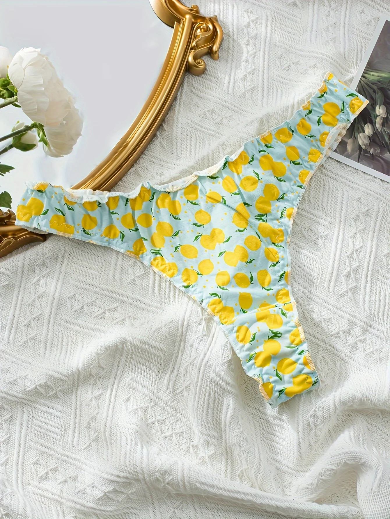 Tanga feminina com babados de algodão puro com padrão de frutas mistas de 5 peças, roupa íntima feminina confortável e enrugada