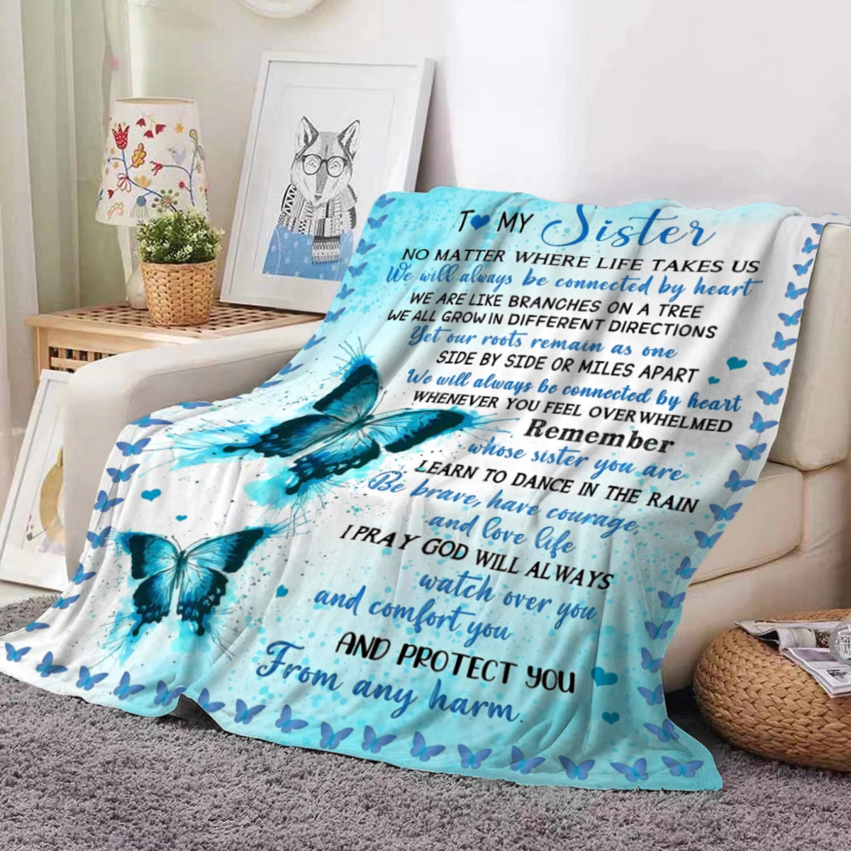 1 pezzo di coperta di flanella stampata con busta da regalare alle sorelle, morbida e confortevole coperta per il pisolino del divano, regalo per adulti e regalo di compleanno per Siste