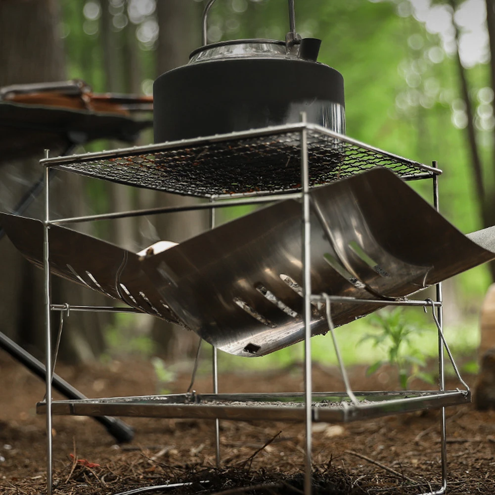 حامل النار المحمول للتخييم والشواية القابلة للطي والتخييم والشواية النارية المصنوعة من الفولاذ المقاوم للصدأ للتخييم في الساحات الخلفية الخارجية