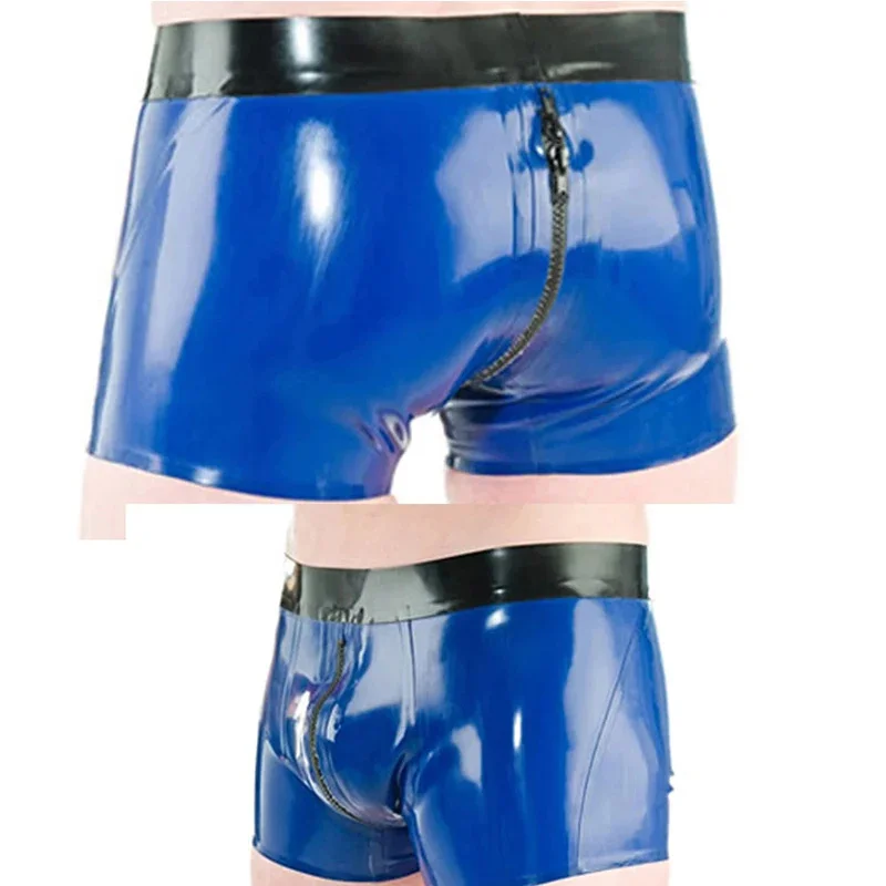 

customized Latex Boxer Rubber Tight Shorts Fetish Men Underwear Briefs Panties Blue with Black with Front Crotch Zip Through