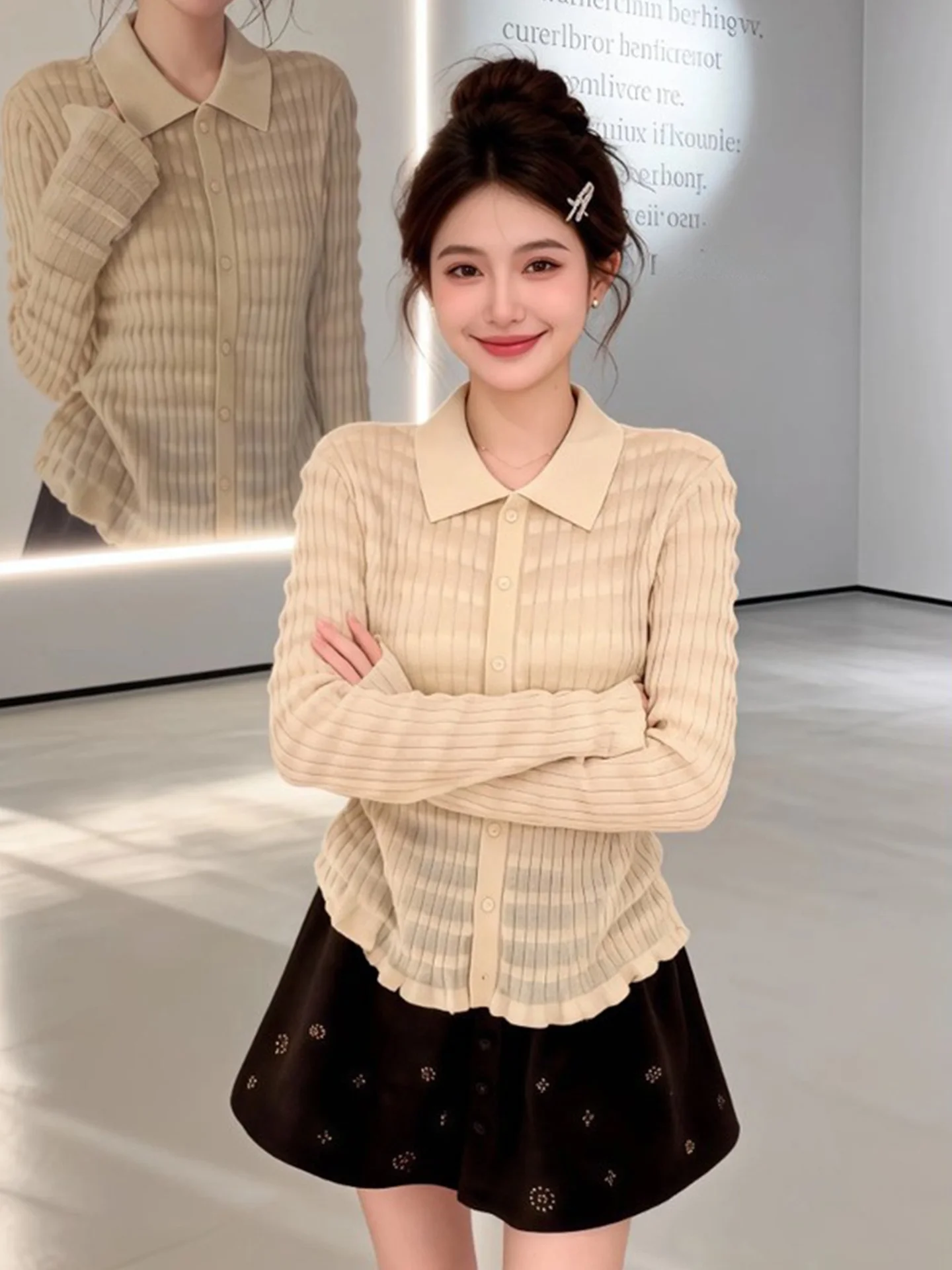 

Spring Faion Slim Fit Knitted Set Women's High Waist Pleated Collar Open Cardigan f Skirt Breathable Casual Sle