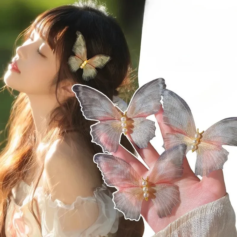 Double Layer Tulle Butterfly Hair Clip Sweet and Super-Fairy Butterfly Fragment Hair Forest Style Bangs Clip Head Decoration