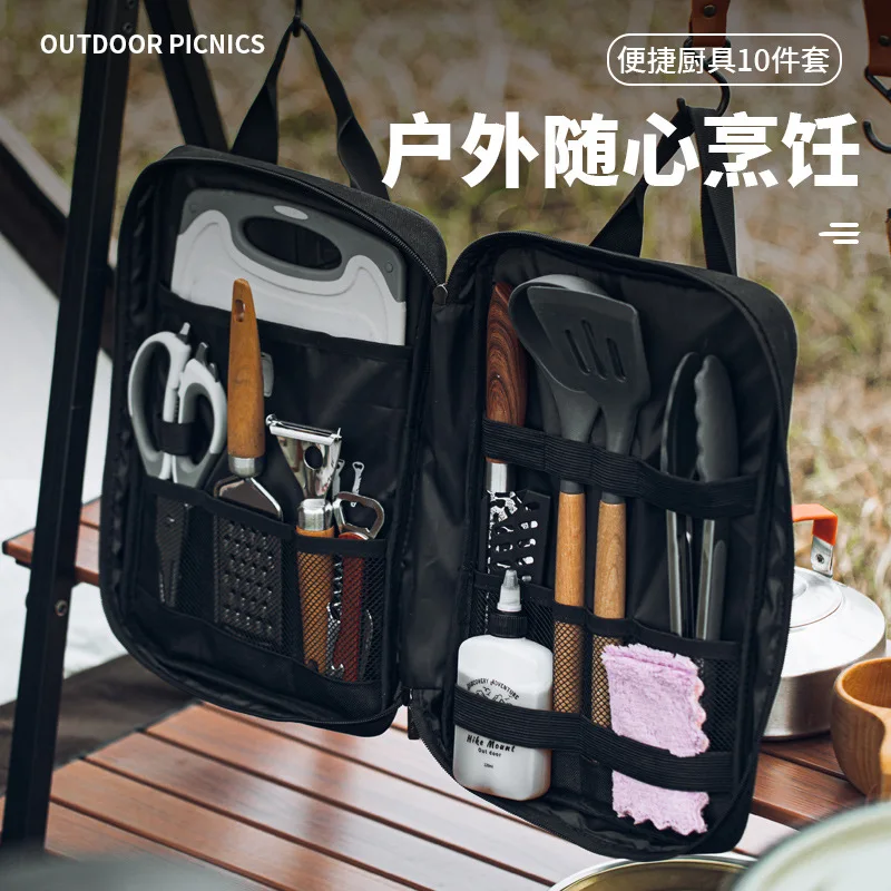 Portable Handheld Outdoor Cookware Set, Combination Cooking Utensils with Storage Bag, Spoon Cutting Board Kit for Camping