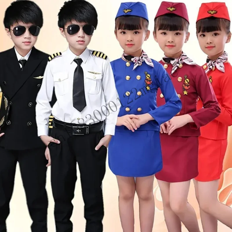 Pilot Uniform Stewardess Disguise Captain Aircraft Halloween Costumes For Kids Military Uniforms Anime Cosplay Pa CMM221