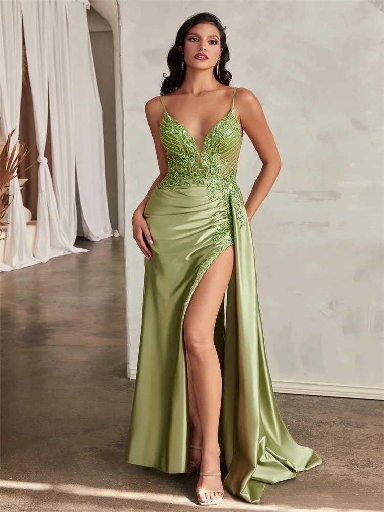 Robe de Bal en Satin à Col en V Profond, Corsage avec Fines Bretelles, Élégante, Dos Ouvert, Fermeture Éclair, Traîne de Balayage, Fente Haute, 2024