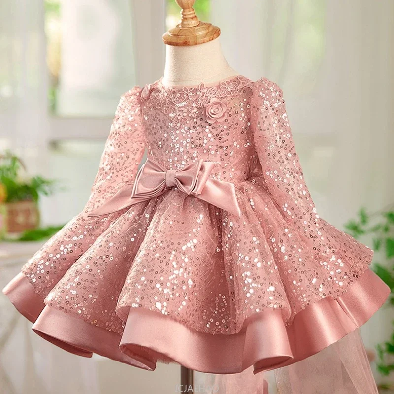 

Girls Birthday Party Princess Dress Long Sleeve Luxury Sequin FlowersBow Gown Formal Wear Piano Performance Host Solid Color