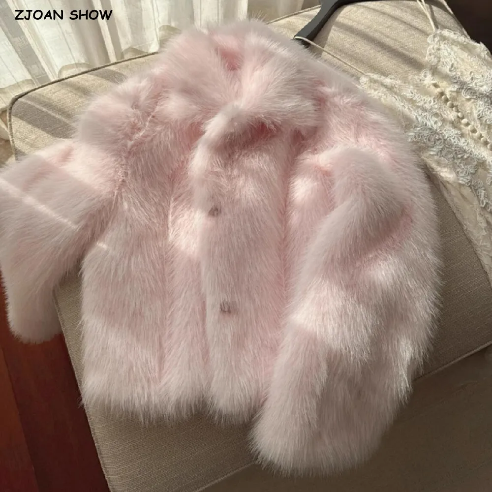 Winter Light Pink Turn down Collar Lapel Hairy Shaggy Soft Faux Fur Coat Women Full Sleeve Furry Warm Jacket Short Outerwear