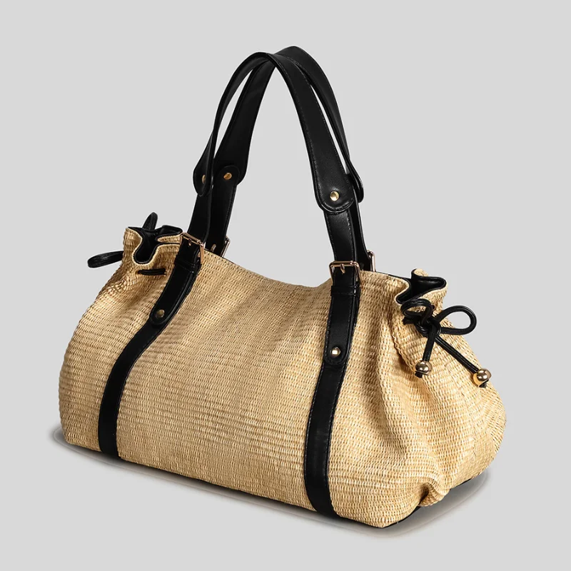 

Тканая женская сумка, плиссированная сумка-тоут на шнурке с пэчворком, большая вместительная богемная соломенная пляжная сумка для отпуска