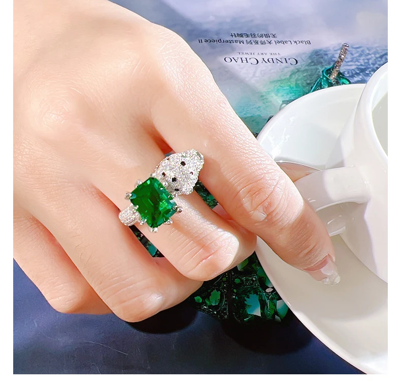 Heavy Industry Artificial Emerald Leopard 925 Sterling Silver Ring Set with High Carbon Diamond Full Diamond Wedding Jewelry