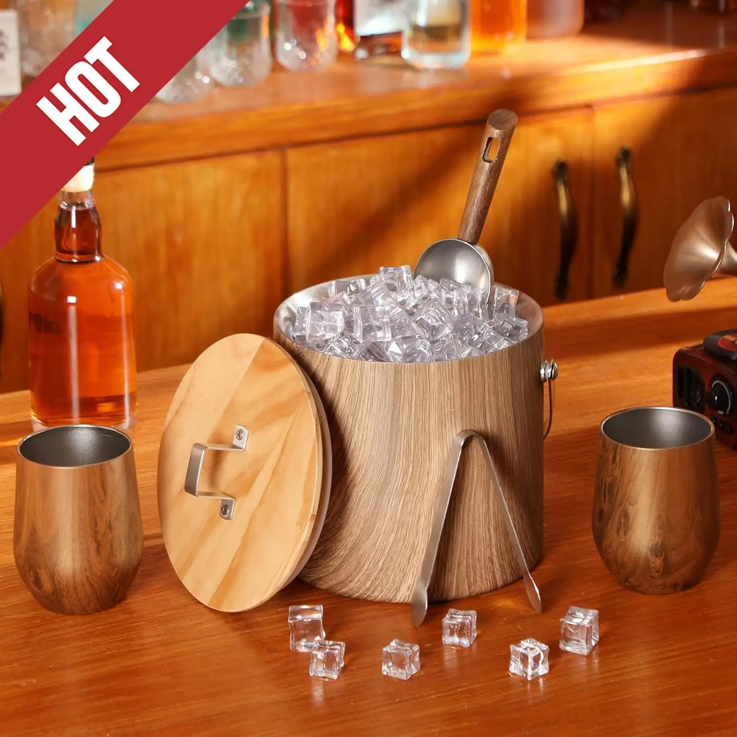 

Stainless Steel Ice Bucket For Parties,3L Double-wall Vacuum Insulated Ice Bucket With Lid, Scoop, Tong, And 4 Wood Texture Cups