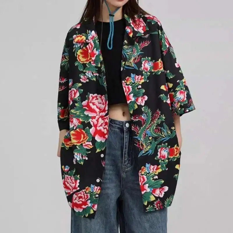

Лето 2025 г., новейшая блузка в китайском стиле, женская рубашка с короткими рукавами и цветочным принтом, пляжная свободная повседневная блузка большого размера, топы