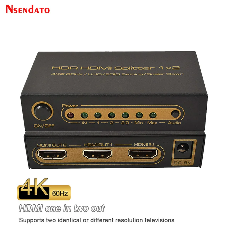 HDMI Splitter 1X2 4K 60Hz 1 In 2 Out HDMI Switch Converter with Power adapter For Dolby HDCP2.2 DTS  1080p 4K HDTV Monitor