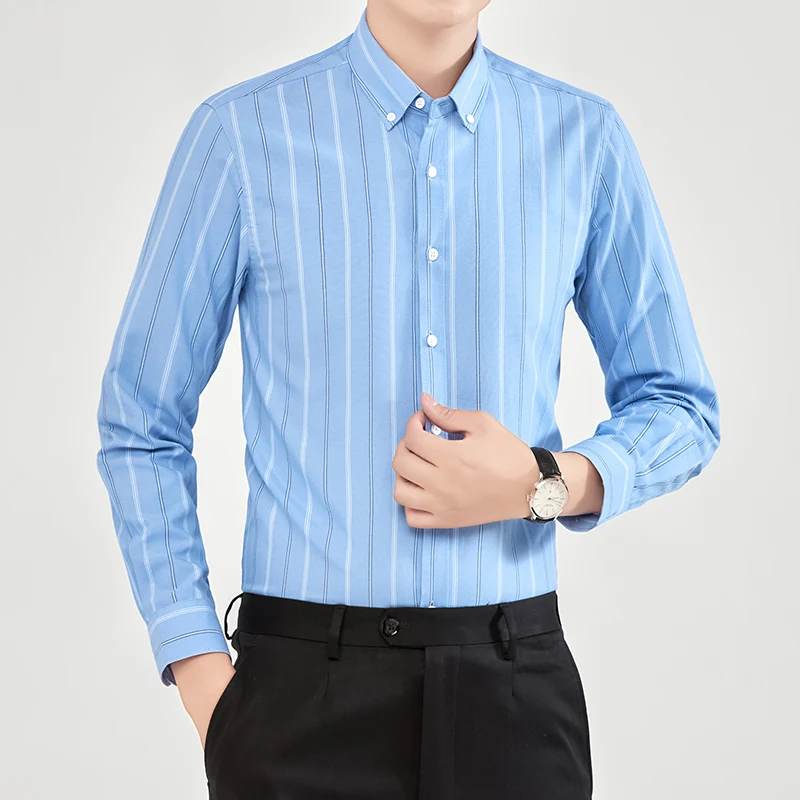 

High Quality Men's Oxford Shirt Long Sleeve Business Casual Regular Fit Striped Button Down Shirts