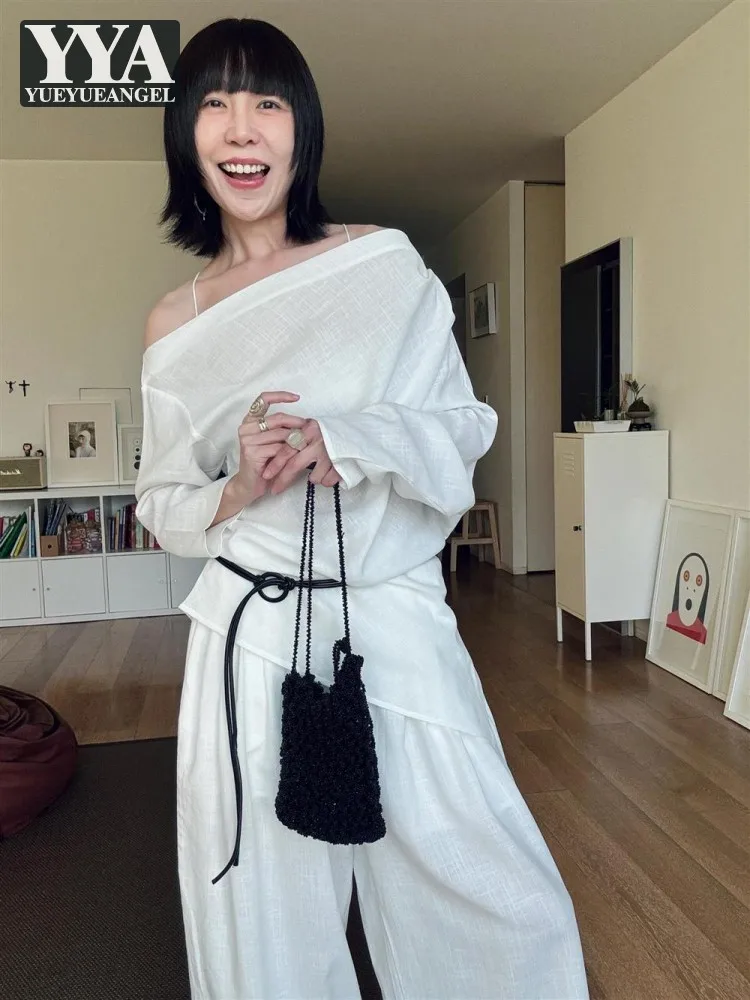 

Females Summer Fashion Sets Chic Outfits Slash Neck Long Sleeve Asymmetric Off Shoulder Shirt Two-Piece Set Wide Leg Floor Pants