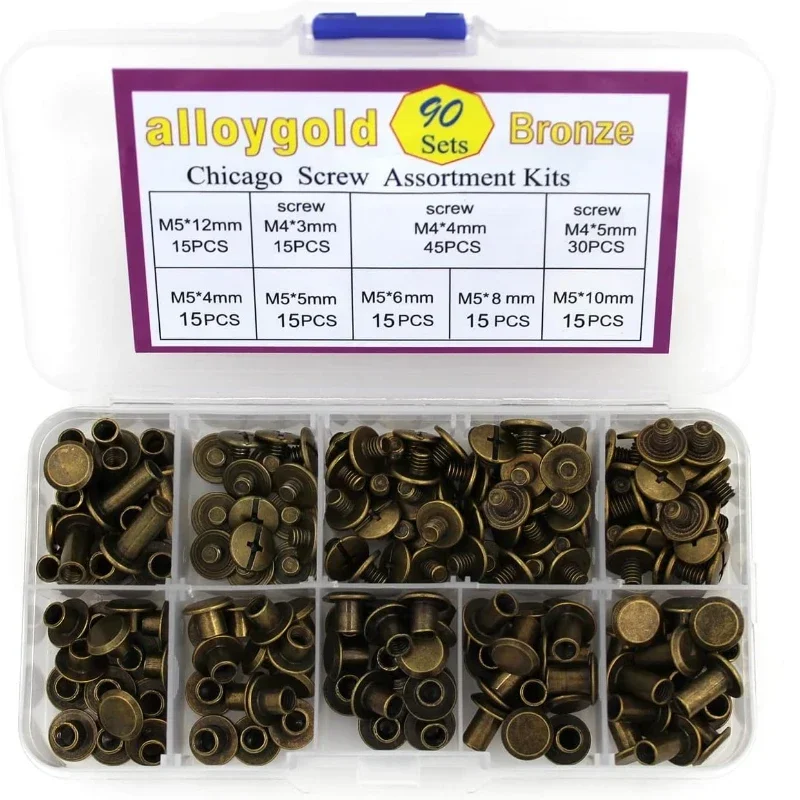 90 Sets Binding Chicago Screw Assorted Kit Metal Phillips Stud Nails Rivet Button Leather Belt Working Bookbinding Snaps Nuts