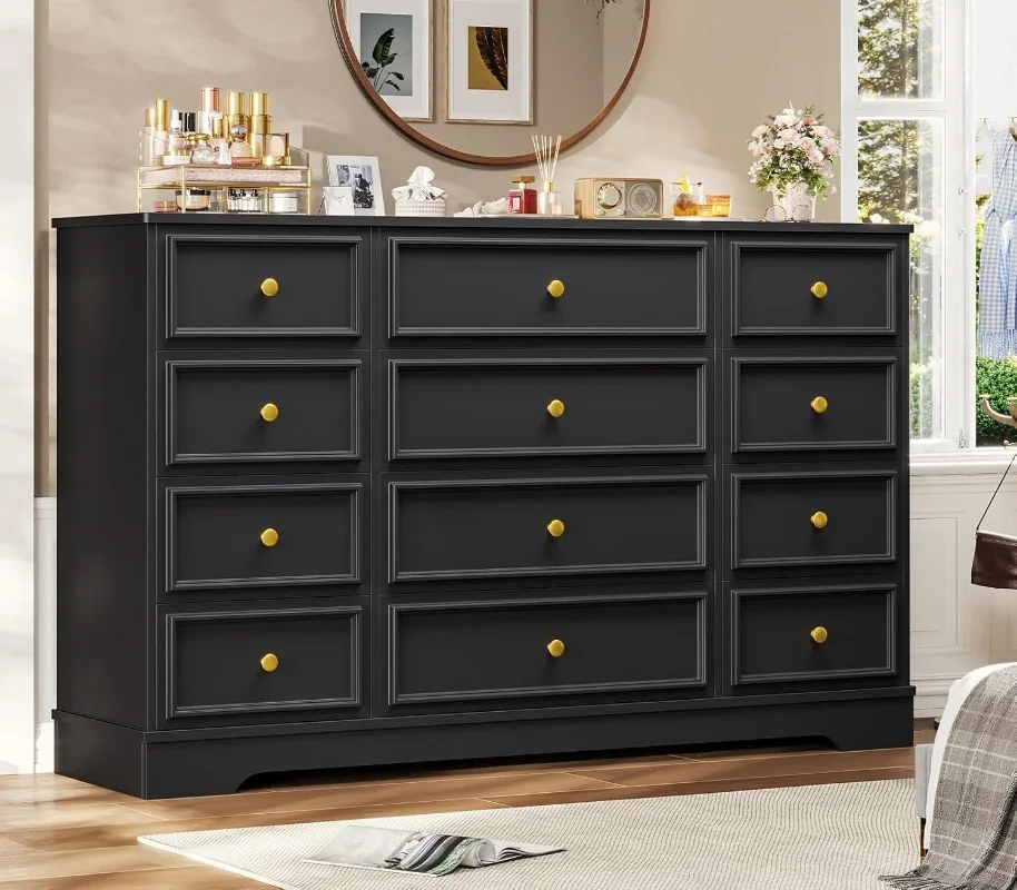 Hasuit Large Dresser with 12 Drawers for Bedroom, 61.4'' Long Modern Chest of Drawers, Black Wide Dressers Clothes Closet, Woode