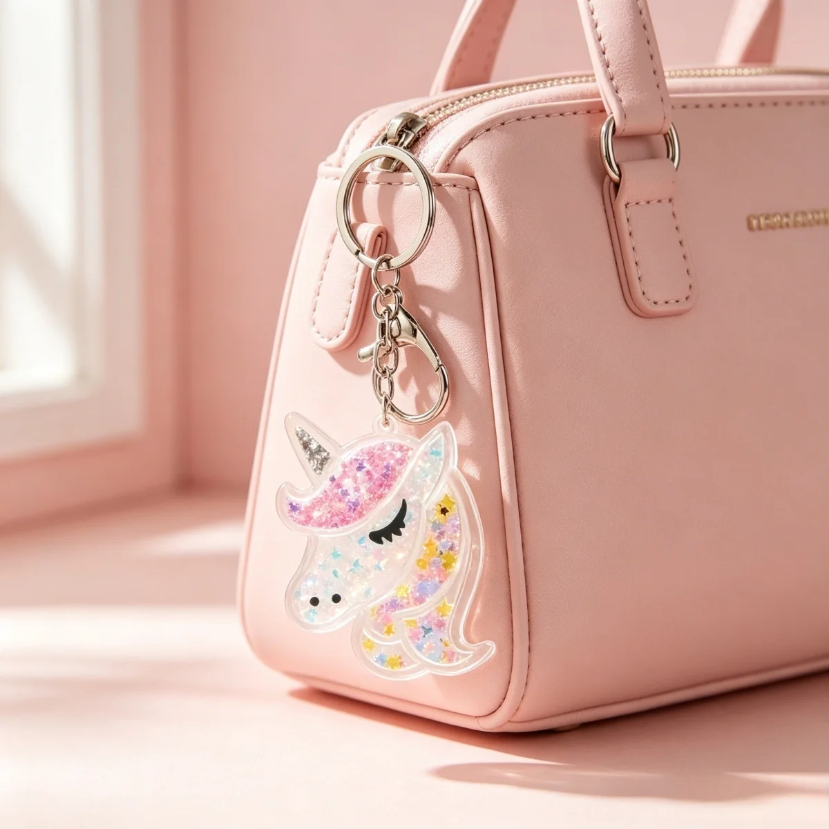 Cute Floating Star Quicksand Unicorn Keychain Transparent Acrylic Unicorn Dangle Charm School Backpack Ornament For Young Ladies