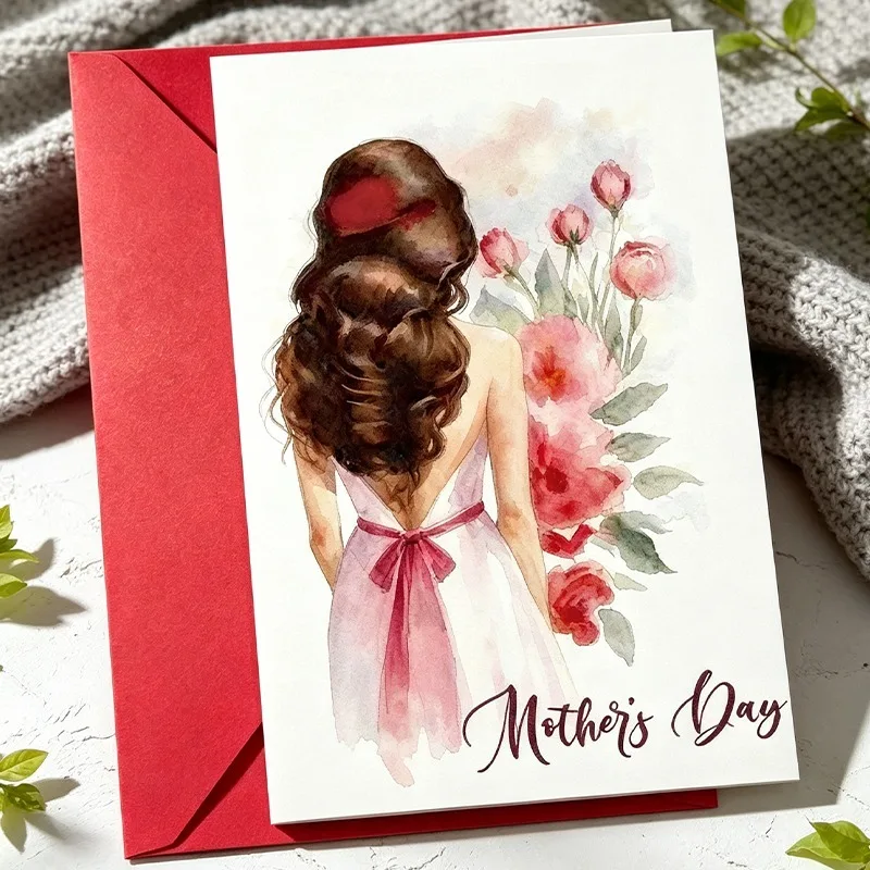 Mothers Day Card With Red Envelope Watercolor Floral Woman
