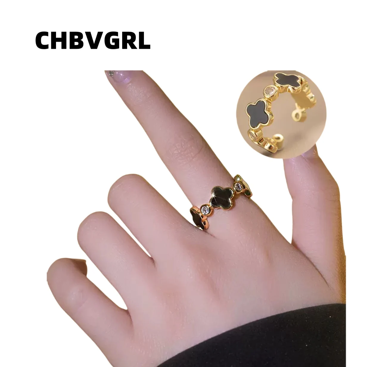 

Classic black and white shell luxurious design ring opening women's high-end sense of fashion versatile simple ring accessory