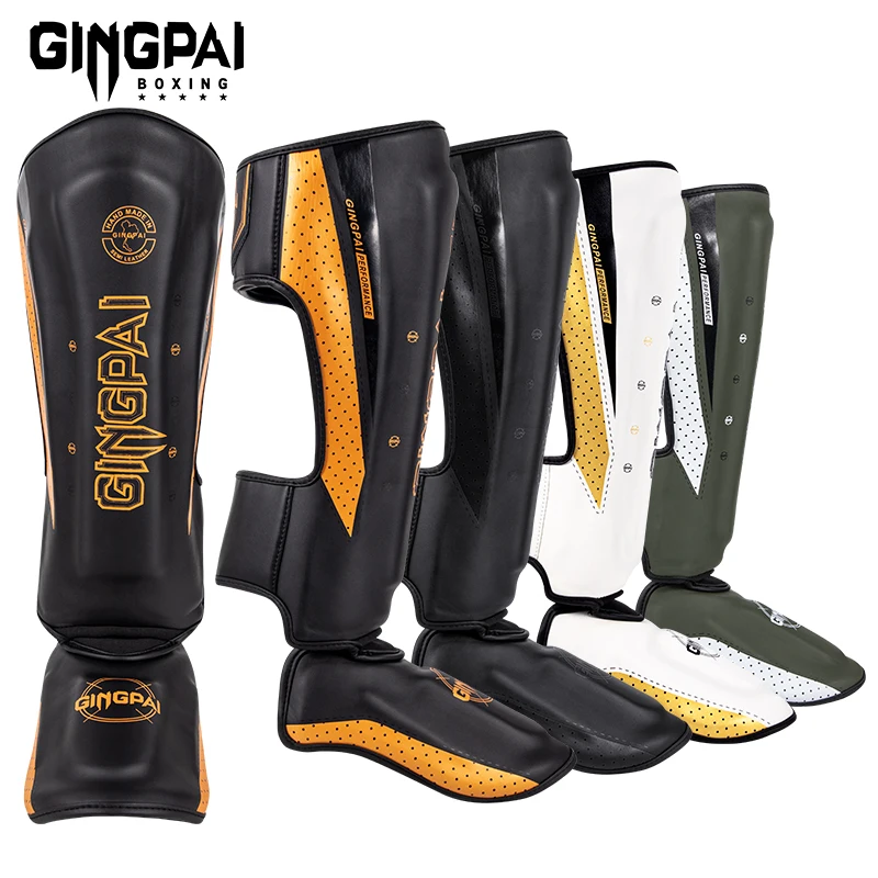 GINGPAI One Pair High-Quality PU Boxing Shin Guards Ankle Protector MMA Muay Thai Training Leg Warmers Light Kicking Shin Pads