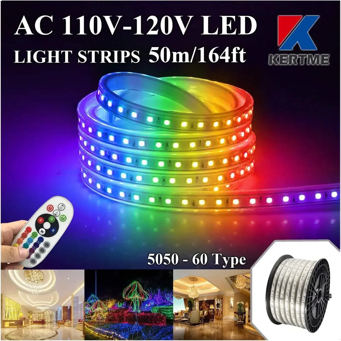 110-120V RGB ไฟ LED Strip, ยืดหยุ่น/กันน้ํา/หรี่แสงได้/หลายสี/หลายโหมด LED เชือก + 24 ปุ่ม Re