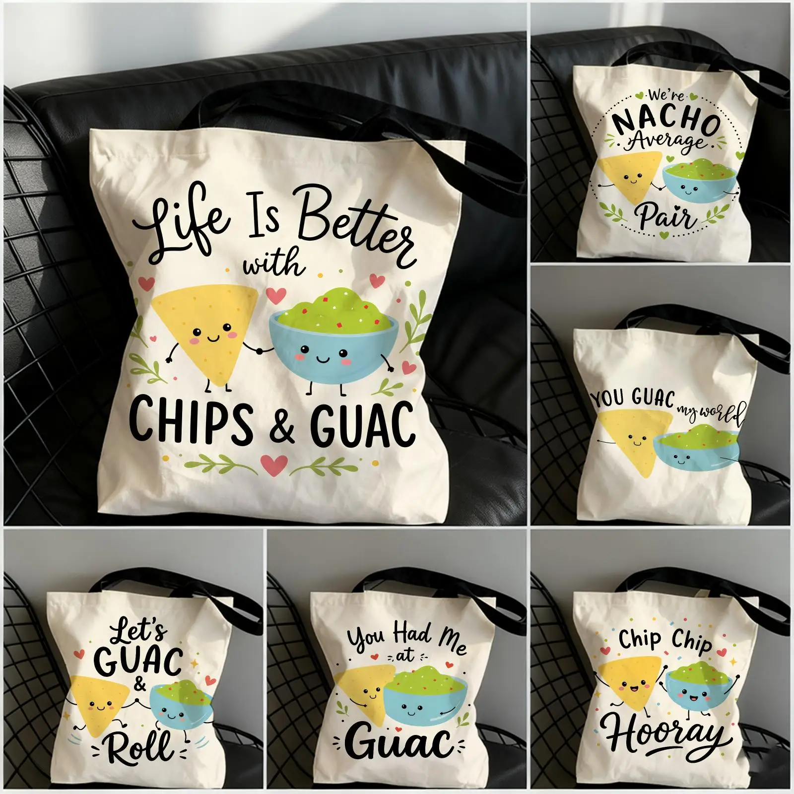 Guac My World Storage Bags Large Capacity Canvas Tote Bag Double-Sided Print Shoulder Handbag for Daily Shopping