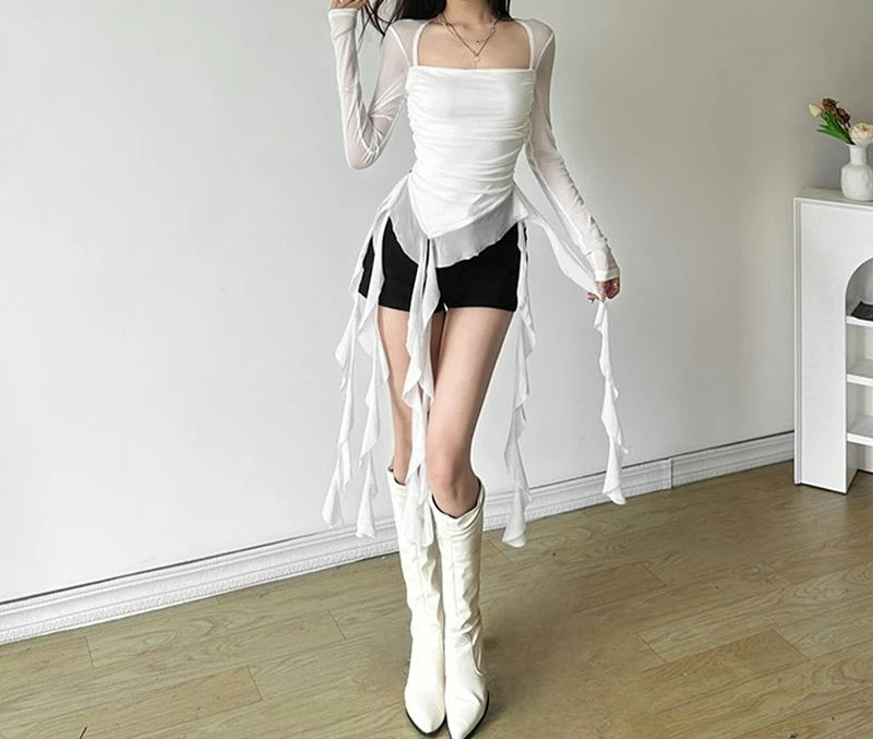 

Lotus Leaf Edge Square Neck Slim Long-sleeved T-shirt Women's Mesh Sexy Irregular Top