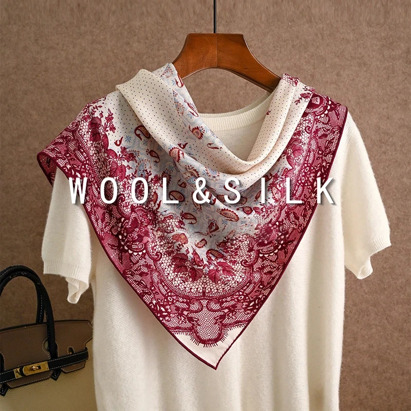 Vintage Burgundy Paisley Floral Wool‑Silk Square Scarf Soft Breathable Neckerchief For Ladies Office Daily Travel Neck Bandana