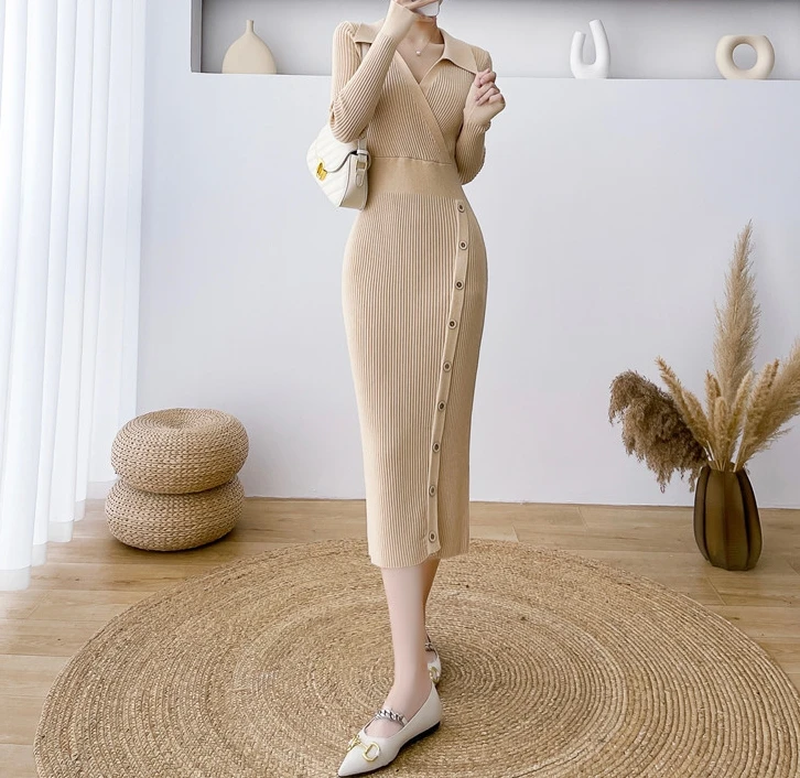 V-Neck Long Sleeves Solid Color Tight Knit Dress for Women Side Button Dress Full Length for Sexy and Elegant Women