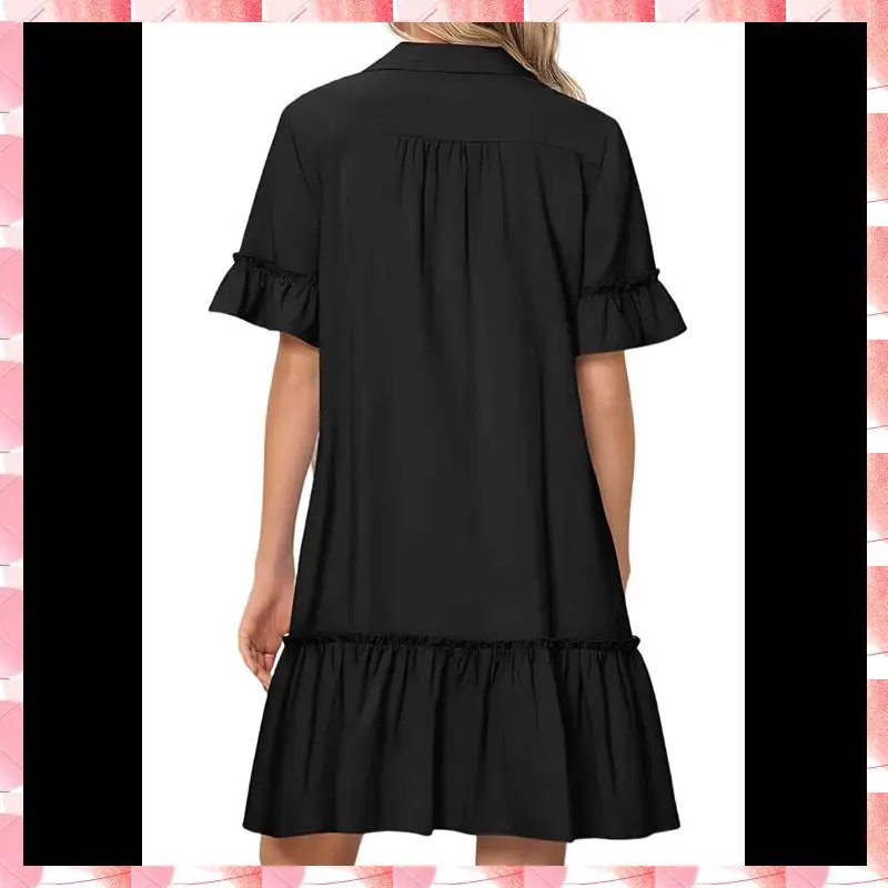 Women's Summer Button Down Shirt Dress Casual Ruffle Sleeve Shift Mini Dresses With Pockets