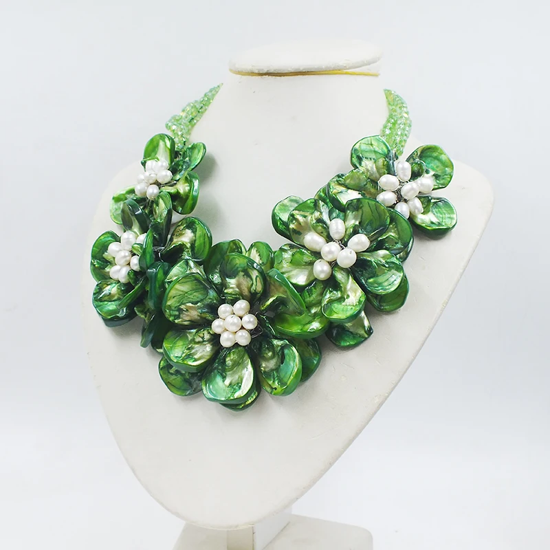 Flower Green Shell Crystal Necklace Bridal Wedding Necklace 20