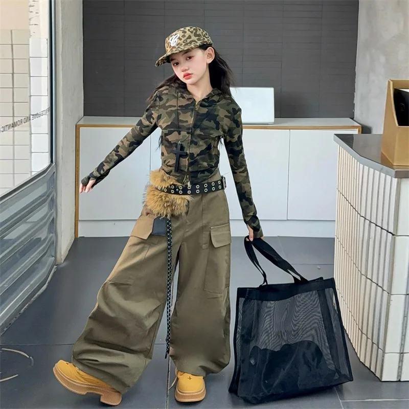 

Teenager Girls Two-piece Outfit Autumn Children Girl Zipper Long Sleeves Hooded Coat School Girls Loose Cargo Pant Kids Girl Set
