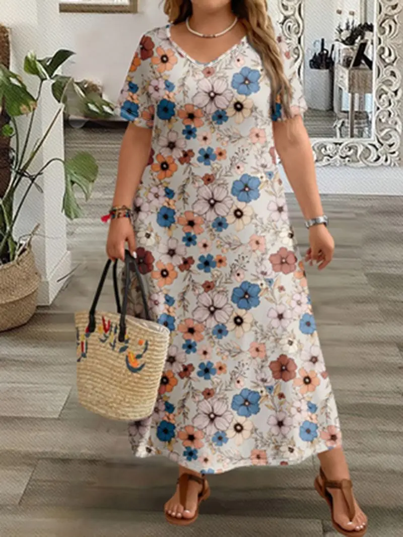 

Свободное трикотажное платье с цветочным принтом больших размеров, женское повседневное удобное эластичное повседневное платье весенне-летнего сезона