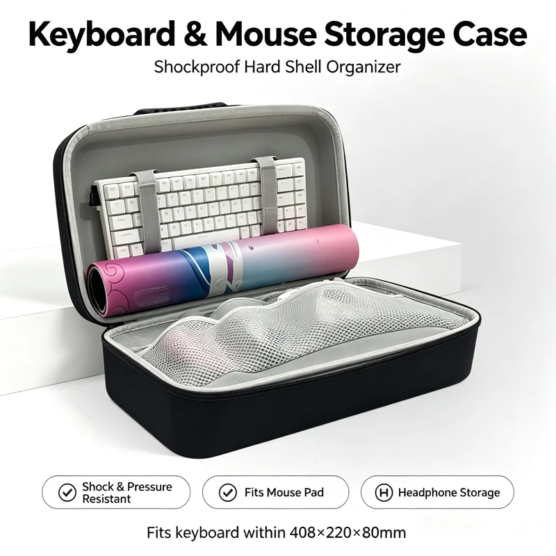 4-in-1 Hard Storage Bag, All-in-One Organizer for Keyboard, Mouse, mouse Pad and Over-Ear Headphones, Fits 75/98 keys Keyboards