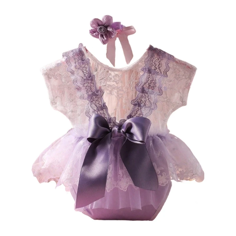 

Soft Lace Backless Romper with Flower Headband Photography Set Baby Lace Skirt with Headwear for Newborns for Girls Gift P31B