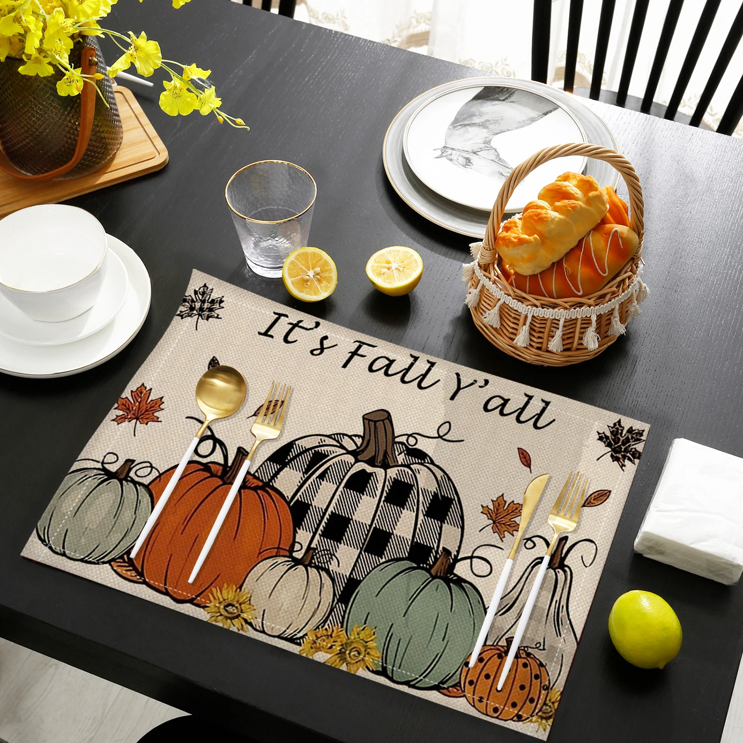 

4/6pcs Pumpkin Pattern Thanksgiving Party Placemats Table Mats for Dining Kitchen Accessories Home Decor Linen Tableware Pads