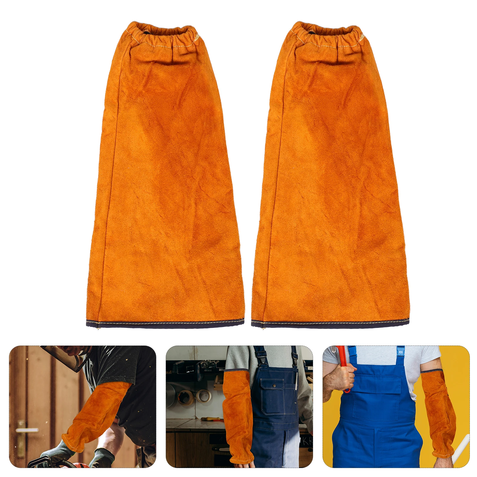 

1 Pair Cowhide Welding Sleeves Heat Resistant Spark Protection Arm Guards Elastic Cuffs Long Industrial Work Gear