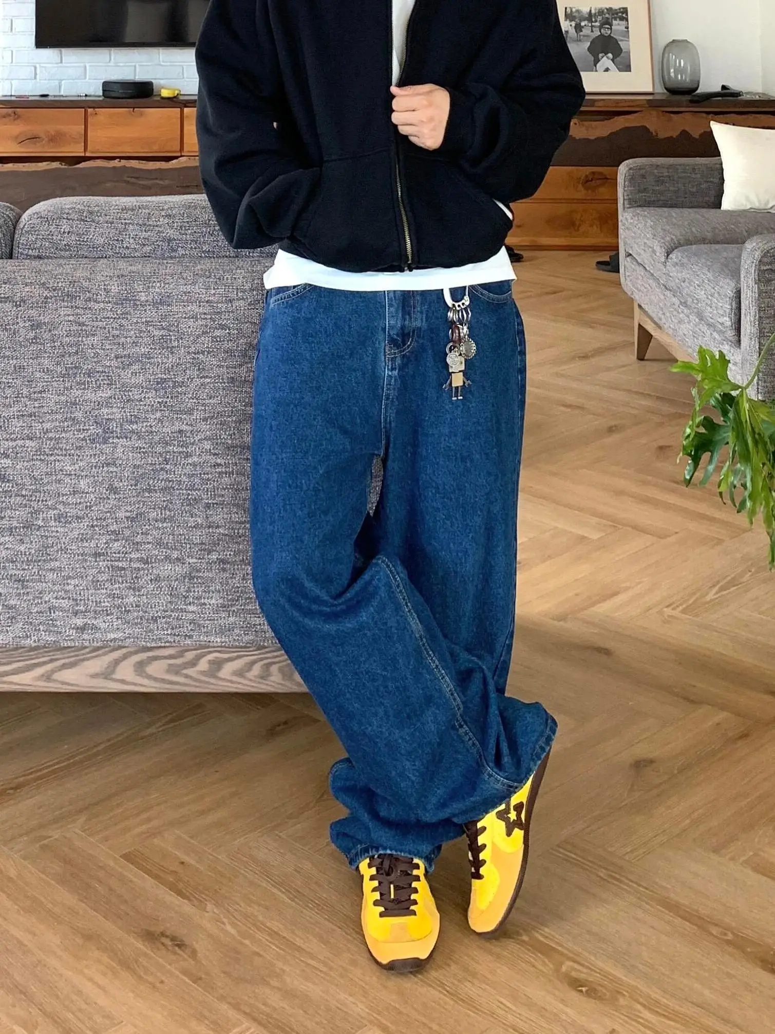 

Cleanfit Vintage Distred Deep Blue Straight Leg Men's Jeans Loose Wide Leg Casual Trousers Trendy Youth Casual Jeans
