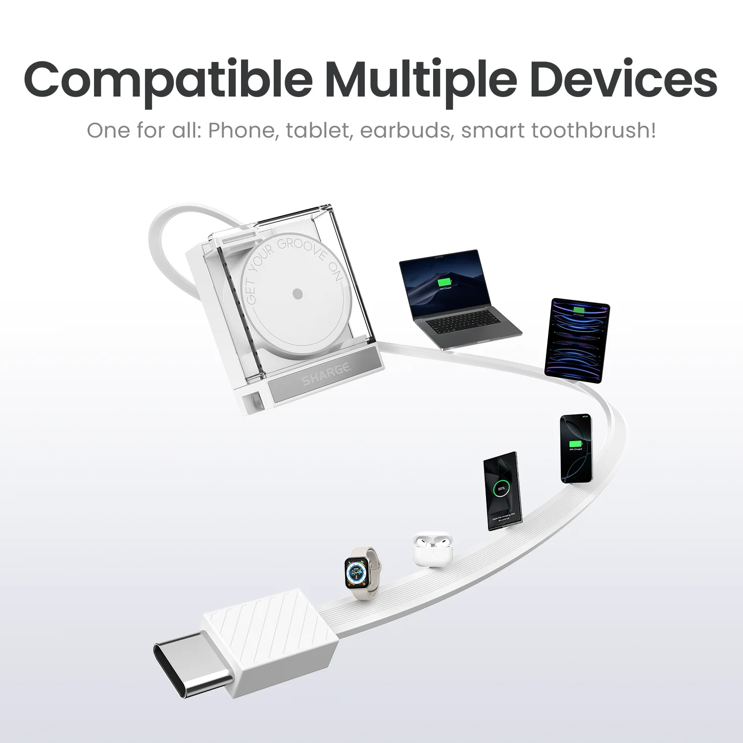 SHARGE 65W GaN Charger PD3.0 Type C QC3.0 2.0 Quick Charge Built-in 70cm Fast Charging USB-C Cable for iPhone16 MacBook iPad Pro