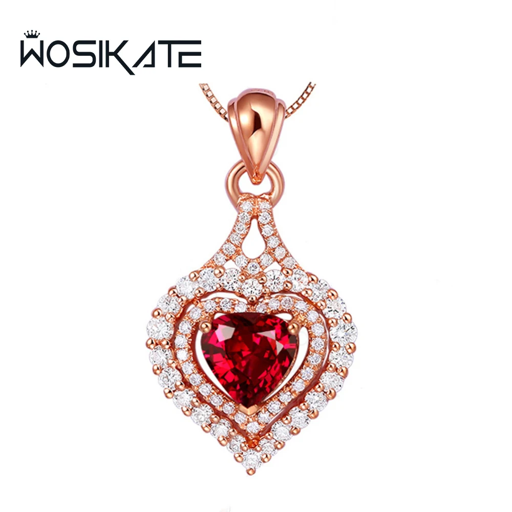 WOSIKATE-collar con colgante de rubí en forma de corazón para mujer, joyería de moda de Plata de Ley 925, collar de cadena chapado en oro rosa