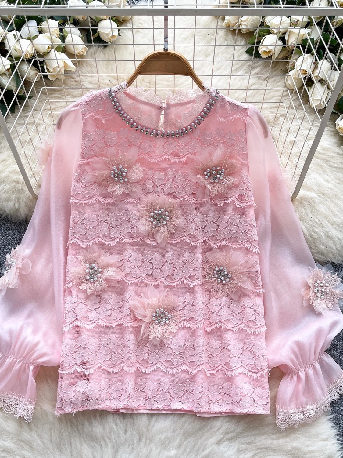 우아한 긴 소매 레이스 패치워크 다이아몬드 장식 헤비 워크 플로럴 3D 자수 여성 셔츠 한국 스타일 루즈핏