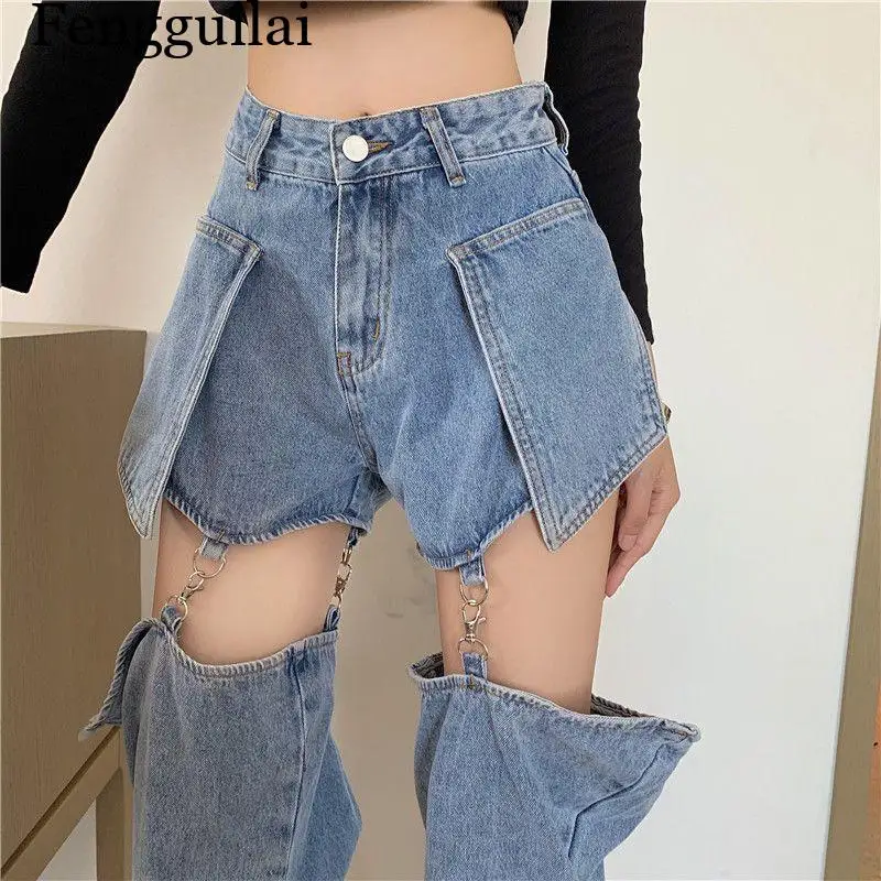 Hot girl high street look: vintage loose-fitting, slimming patchwork detachable jeans