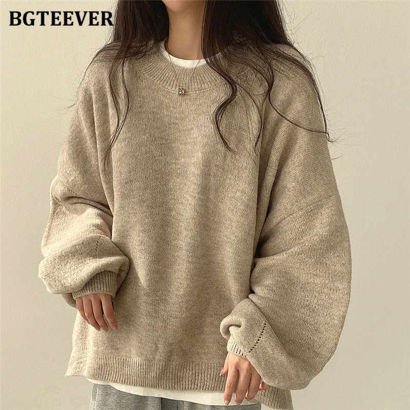 

BGTEEVER Casual O-neck Lantern Sleeve Women Knitted TopsAutumn Winter Fashion Warm Ladies Pullovers Sweaters Female Knitwear