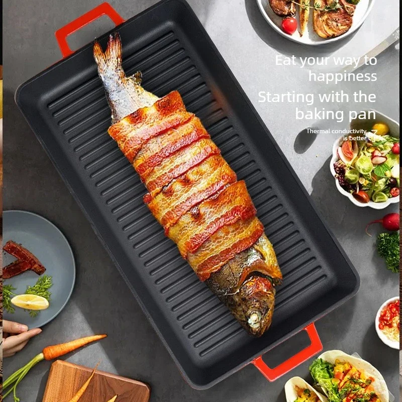 Cast Iron Indoor Grill Pan Teppanyaki BBQ Griddle Pancake Crepe Pan Non Stick Even Heat Distribution Long Lasting for Cooking