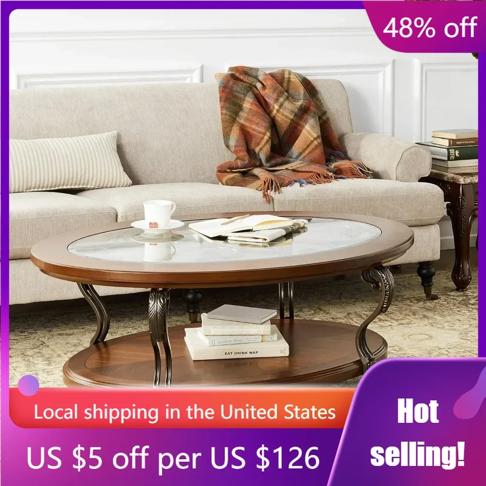 

Traditional Oval Coffee Table With Beveled Glass Top Scrollwork Underlay and 1 Fixed Shelf Dark Brown Coffe Table Set Furniture