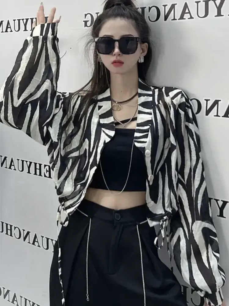 Women Jackets Fashion Summer Sexy Print Outwear Crop Tops Long Sleeve Thin Korean Casual Y2k Coat 2023