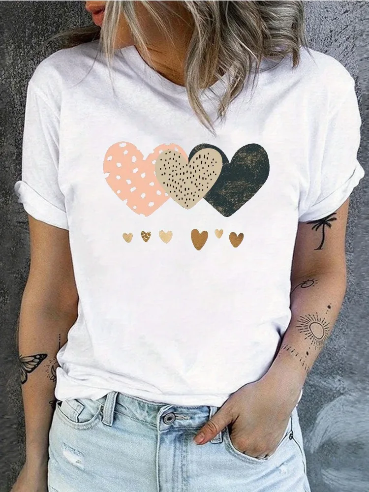 Coração impressão feminina tripulação pescoço camiseta primavera/verão casual moda manga curta topo de algodão plus size harajuku camisa topo