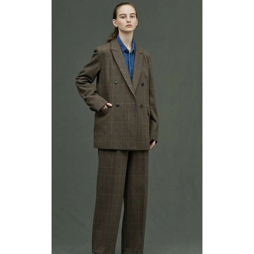 

Women's Plaid Blazer & Pants 2 Piece Set - Oversized Double-Breasted Tweed Suit, Elegant Commute/Casual Outfit, Loose Fit