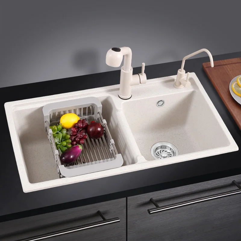 Quinn white thickened quartz stone sink granite sink dish washing handmade sink double sink set under countertop